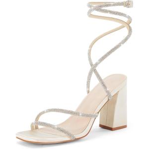 Coutgo Womens Lace Up Chunky Heels Rhinestone Sandals Square Open Toe High Block Heeled Wedding Dress Shoes(Apricot)