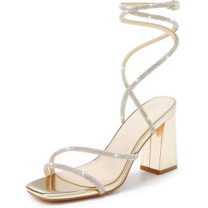 Coutgo Womens Lace Up Chunky Heels Rhinestone Sandals Square Open Toe High Block Heeled Wedding Dress Shoes(Light Gold)