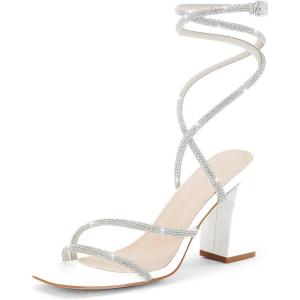 Coutgo Womens Lace Up Chunky Heels Rhinestone Sandals Square Open Toe High Block Heeled Wedding Dress Shoes(White)