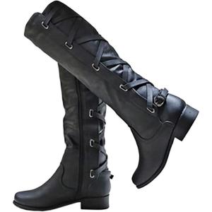 Coutgo Womens Lace Up Knee High Boots Motorcycle Riding Flat Low Heels Strappy Winter Combat Boots(Black)