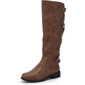 Coutgo Womens Lace Up Knee High Boots Motorcycle Riding Flat Low Heels Strappy Winter Combat Boots(Brown)