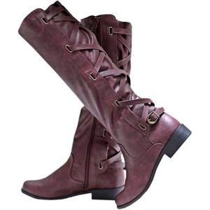 Coutgo Womens Lace Up Knee High Boots Motorcycle Riding Flat Low Heels Strappy Winter Combat Boots(Burgundy)