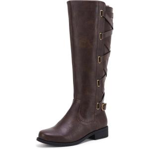 Coutgo Womens Lace Up Knee High Boots Motorcycle Riding Flat Low Heels Strappy Winter Combat Boots(Dark Brown)