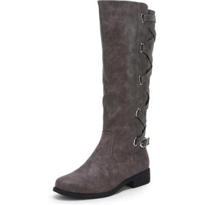 Coutgo Womens Lace Up Knee High Boots Motorcycle Riding Flat Low Heels Strappy Winter Combat Boots(Light Grey)