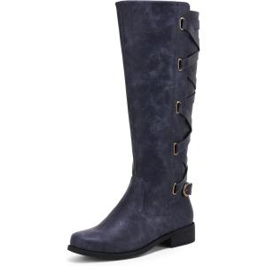 Coutgo Womens Lace Up Knee High Boots Motorcycle Riding Flat Low Heels Strappy Winter Combat Boots(Navy)