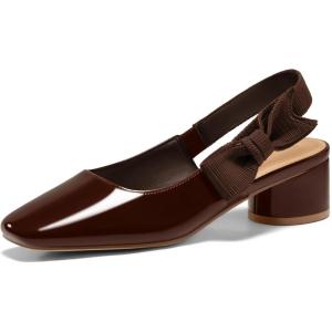 Coutgo Women’s Low Block Heels Slingback Bow Closed Square Toe Slip On Work Pumps Dress Shoes(Coffee)