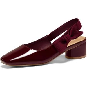 Coutgo Women’s Low Block Heels Slingback Bow Closed Square Toe Slip On Work Pumps Dress Shoes(Deep Red)