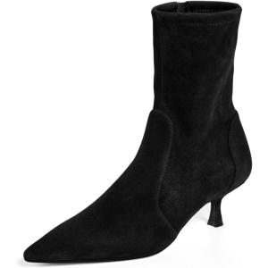 Coutgo Womens Low Kitten Heel Ankle Boots Pointed Toe Booties Side Zipper Fall Shoes(Black)