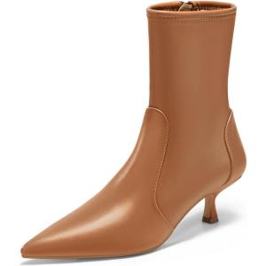 Coutgo Womens Low Kitten Heel Ankle Boots Pointed Toe Booties Side Zipper Fall Shoes(Brown)