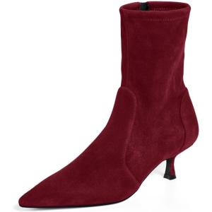 Coutgo Womens Low Kitten Heel Ankle Boots Pointed Toe Booties Side Zipper Fall Shoes(Burgundy)