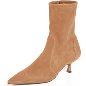 Coutgo Womens Low Kitten Heel Ankle Boots Pointed Toe Booties Side Zipper Fall Shoes(Khaki)