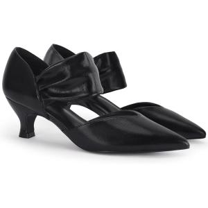 Coutgo Womens Low Kitten Heel Dress Shoes Pointed Toe Slip on Ankle Strap Cutout Elegant Party Wedding Pumps(Cool Black)