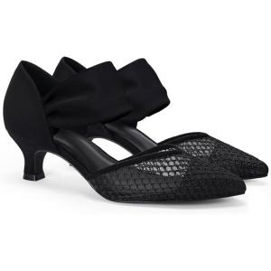 Coutgo Womens Low Kitten Heel Dress Shoes Pointed Toe Slip on Ankle Strap Cutout Elegant Party Wedding Pumps(Mesh Black)