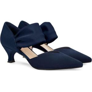 Coutgo Womens Low Kitten Heel Dress Shoes Pointed Toe Slip on Ankle Strap Cutout Elegant Party Wedding Pumps(Navy)