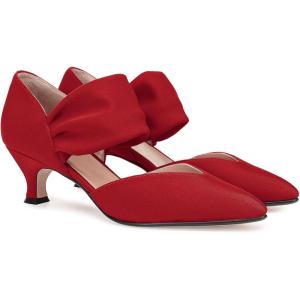 Coutgo Womens Low Kitten Heel Dress Shoes Pointed Toe Slip on Ankle Strap Cutout Elegant Party Wedding Pumps(Red)