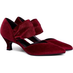 Coutgo Womens Low Kitten Heel Dress Shoes Pointed Toe Slip on Ankle Strap Cutout Elegant Party Wedding Pumps(Velvet Red)