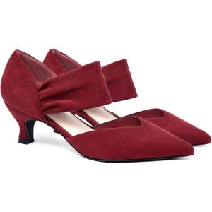 Coutgo Womens Low Kitten Heel Dress Shoes Pointed Toe Slip on Ankle Strap Cutout Elegant Party Wedding Pumps(Wine Red)