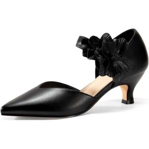 Coutgo Womens Low Kitten Heels Dressy Shoes Comfortable Closed Toe Flower Slip on Formal Party Dance Heeled Pumps(Black)