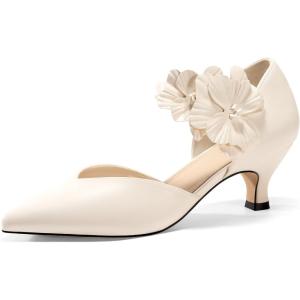 Coutgo Womens Low Kitten Heels Dressy Shoes Comfortable Closed Toe Flower Slip on Formal Party Dance Heeled Pumps(Creamy-white)
