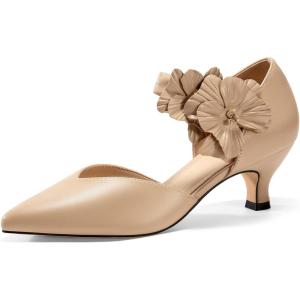 Coutgo Womens Low Kitten Heels Dressy Shoes Comfortable Closed Toe Flower Slip on Formal Party Dance Heeled Pumps(Khaki)
