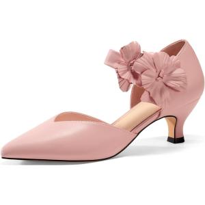 Coutgo Womens Low Kitten Heels Dressy Shoes Comfortable Closed Toe Flower Slip on Formal Party Dance Heeled Pumps(Pink)