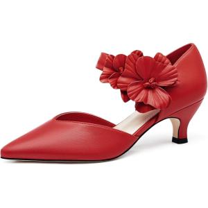 Coutgo Womens Low Kitten Heels Dressy Shoes Comfortable Closed Toe Flower Slip on Formal Party Dance Heeled Pumps(Red)