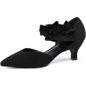 Coutgo Womens Low Kitten Heels Dressy Shoes Comfortable Closed Toe Flower Slip on Formal Party Dance Heeled Pumps(Suede Black)