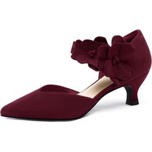 Coutgo Womens Low Kitten Heels Dressy Shoes Comfortable Closed Toe Flower Slip on Formal Party Dance Heeled Pumps(Suede Burgundy)