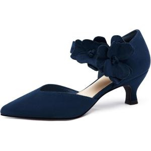Coutgo Womens Low Kitten Heels Dressy Shoes Comfortable Closed Toe Flower Slip on Formal Party Dance Heeled Pumps(Suede Navy)