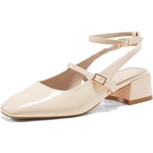 Coutgo Womens Mary Jane Chunky Low Heels Closed Square Toe Ankle Strap Pumps Wedding Party Dress Shoes(Beige)