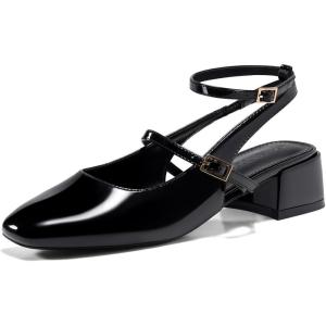 Coutgo Womens Mary Jane Chunky Low Heels Closed Square Toe Ankle Strap Pumps Wedding Party Dress Shoes(Black)
