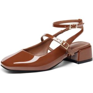 Coutgo Womens Mary Jane Chunky Low Heels Closed Square Toe Ankle Strap Pumps Wedding Party Dress Shoes(Brown)