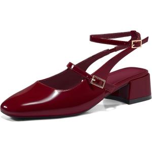 Coutgo Womens Mary Jane Chunky Low Heels Closed Square Toe Ankle Strap Pumps Wedding Party Dress Shoes(Dark Red)