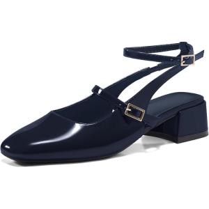 Coutgo Womens Mary Jane Chunky Low Heels Closed Square Toe Ankle Strap Pumps Wedding Party Dress Shoes(Navy)