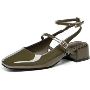 Coutgo Womens Mary Jane Chunky Low Heels Closed Square Toe Ankle Strap Pumps Wedding Party Dress Shoes(Olive Green)
