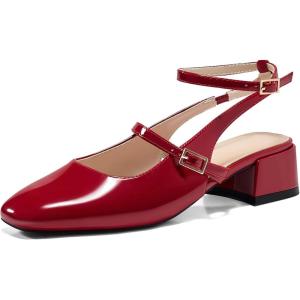 Coutgo Womens Mary Jane Chunky Low Heels Closed Square Toe Ankle Strap Pumps Wedding Party Dress Shoes(Red)