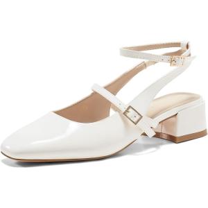 Coutgo Womens Mary Jane Chunky Low Heels Closed Square Toe Ankle Strap Pumps Wedding Party Dress Shoes(White)