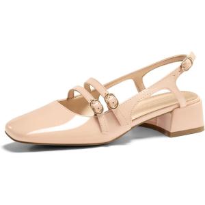 Coutgo Womens Mary Jane Chunky Low Heels Slingback Pumps Closed Square Toe Wedding Dress Shoes(Apricot)