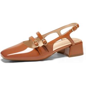 Coutgo Womens Mary Jane Chunky Low Heels Slingback Pumps Closed Square Toe Wedding Dress Shoes(Brown)