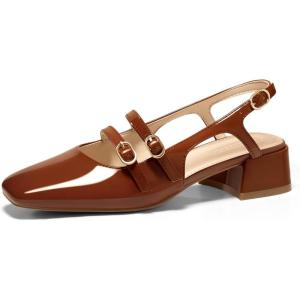 Coutgo Womens Mary Jane Chunky Low Heels Slingback Pumps Closed Square Toe Wedding Dress Shoes(Dark Brown)