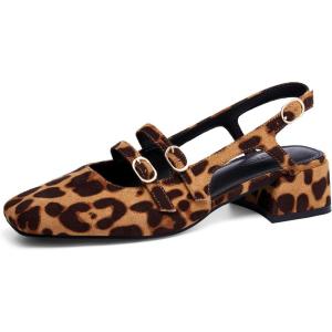 Coutgo Womens Mary Jane Chunky Low Heels Slingback Pumps Closed Square Toe Wedding Dress Shoes(Leopard Suede)