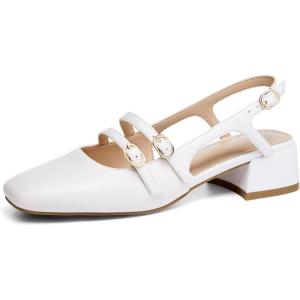 Coutgo Womens Mary Jane Chunky Low Heels Slingback Pumps Closed Square Toe Wedding Dress Shoes(Milky White Pu)