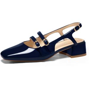 Coutgo Womens Mary Jane Chunky Low Heels Slingback Pumps Closed Square Toe Wedding Dress Shoes(Navy)