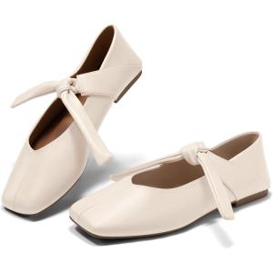 Coutgo Womens Mary Jane Flats Bow Square Toe Ballet Flats Dressy Comfortable Slip on Flat Shoes(Beige)