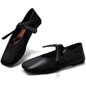 Coutgo Womens Mary Jane Flats Bow Square Toe Ballet Flats Dressy Comfortable Slip on Flat Shoes(Black)