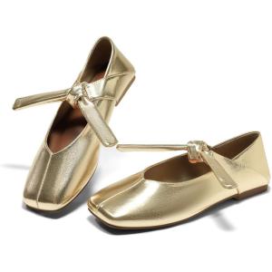 Coutgo Womens Mary Jane Flats Bow Square Toe Ballet Flats Dressy Comfortable Slip on Flat Shoes(Gold)