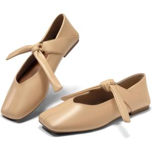 Coutgo Womens Mary Jane Flats Bow Square Toe Ballet Flats Dressy Comfortable Slip on Flat Shoes(Khaki)