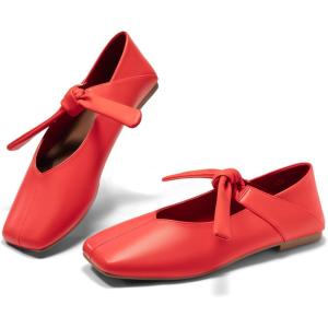 Coutgo Womens Mary Jane Flats Bow Square Toe Ballet Flats Dressy Comfortable Slip on Flat Shoes(Red)