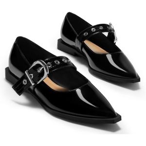 Coutgo Womens Mary Jane Flats Closed Pointed Toe Ballet Flat Studded Metal Adjustable Buckle Dress Shoes(Black)