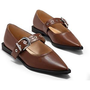 Coutgo Womens Mary Jane Flats Closed Pointed Toe Ballet Flat Studded Metal Adjustable Buckle Dress Shoes(Brown)